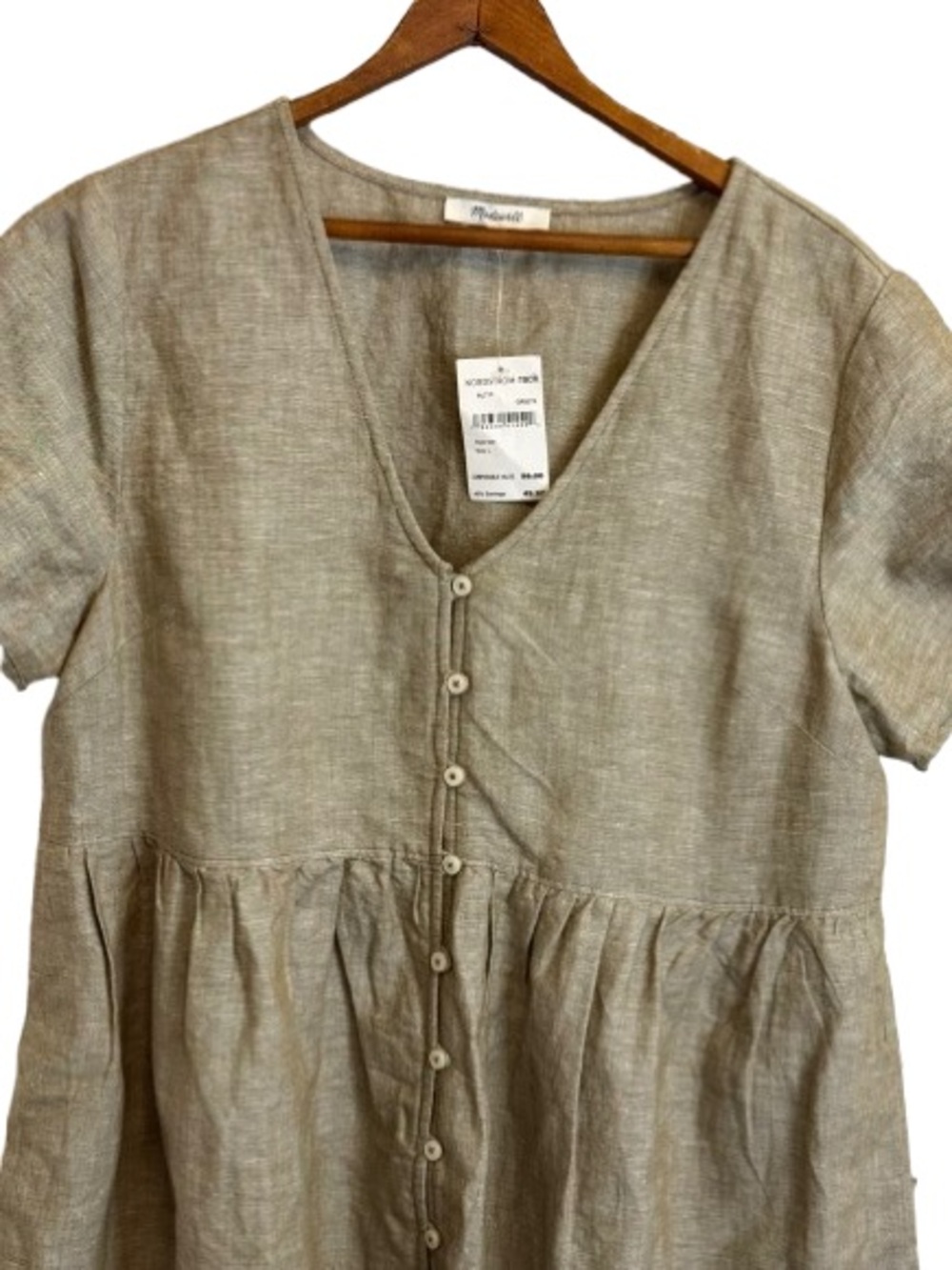 Madewell NWT Linen Blend Babydoll Dress Large Alexandra Beige Button Front - Picture 3 of 7